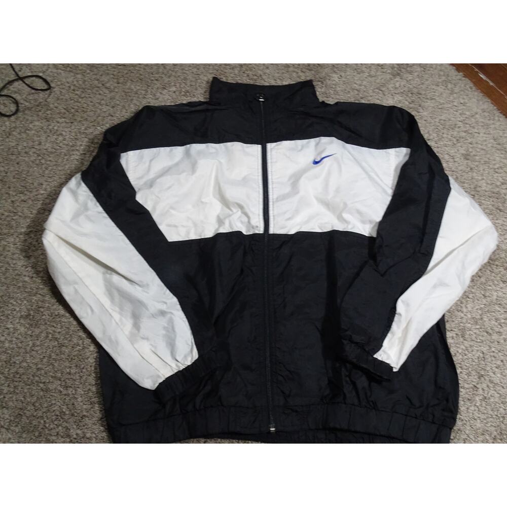 Vtg 90s Nike Embroidered Swoosh Windbreaker Jacket Black White Blue XL Retro